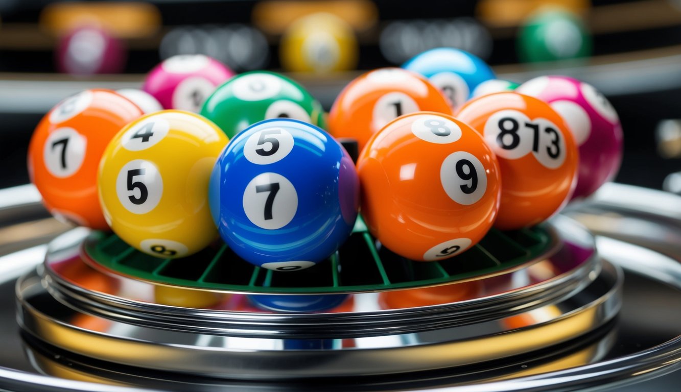 Sekumpulan bola lotere berwarna-warni di dalam mesin berputar, dengan angka berkisar dari 1 hingga 9, mewakili permainan Togel 4D 3D 2D