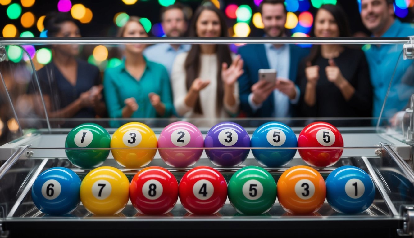 Sekumpulan bola bernomor berwarna-warni berputar di dalam mesin transparan, dengan sekelompok orang yang dengan antusias menyaksikan pengundian.