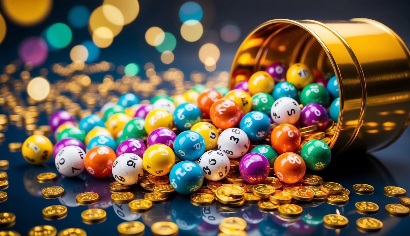 Sekumpulan bola lotere berwarna-warni tumpah dari jackpot emas yang melimpah