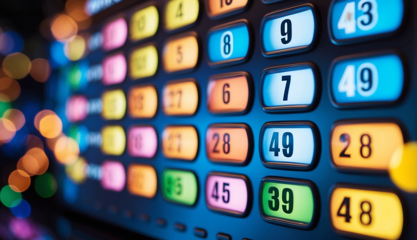 Antarmuka digital yang berwarna-warni menampilkan berbagai nomor lotere dan simbol