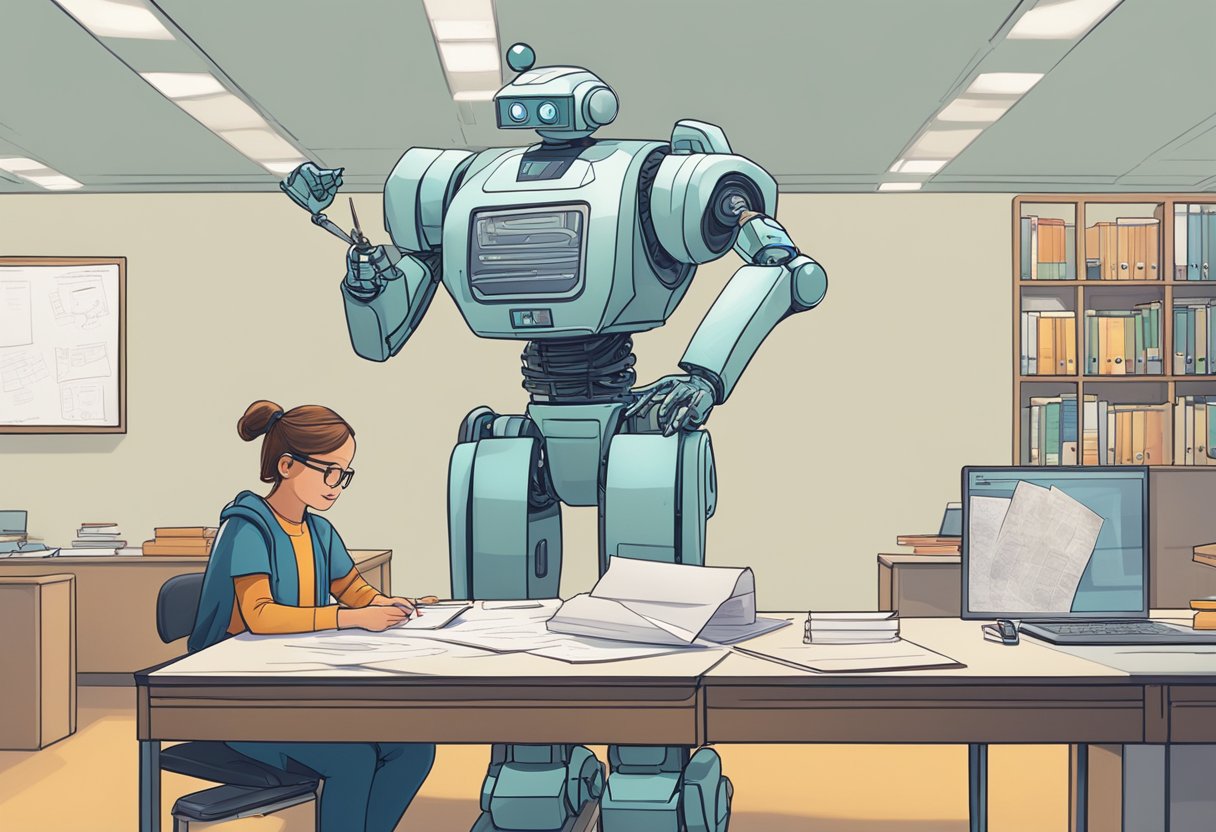 Educational Assessment: A traditional teacher at a desk with paper tests, while a robot teacher at a digital interface assesses students