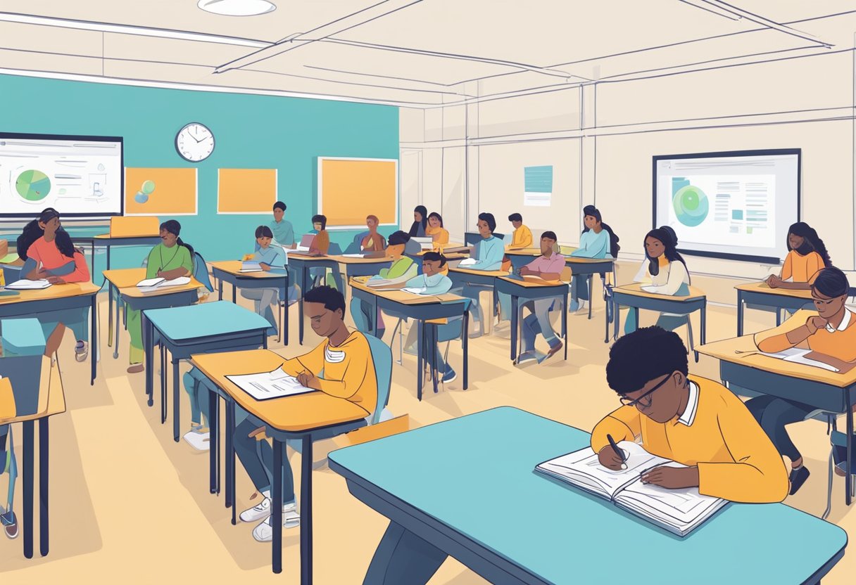 Educational Assessment: A traditional classroom with paper exams and a modern classroom with students interacting with AI-driven educational assessments