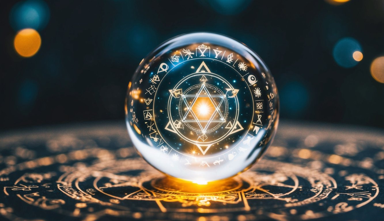 Sebuah bola kristal dikelilingi oleh simbol-simbol mistis dan bersinar dengan cahaya dari dunia lain