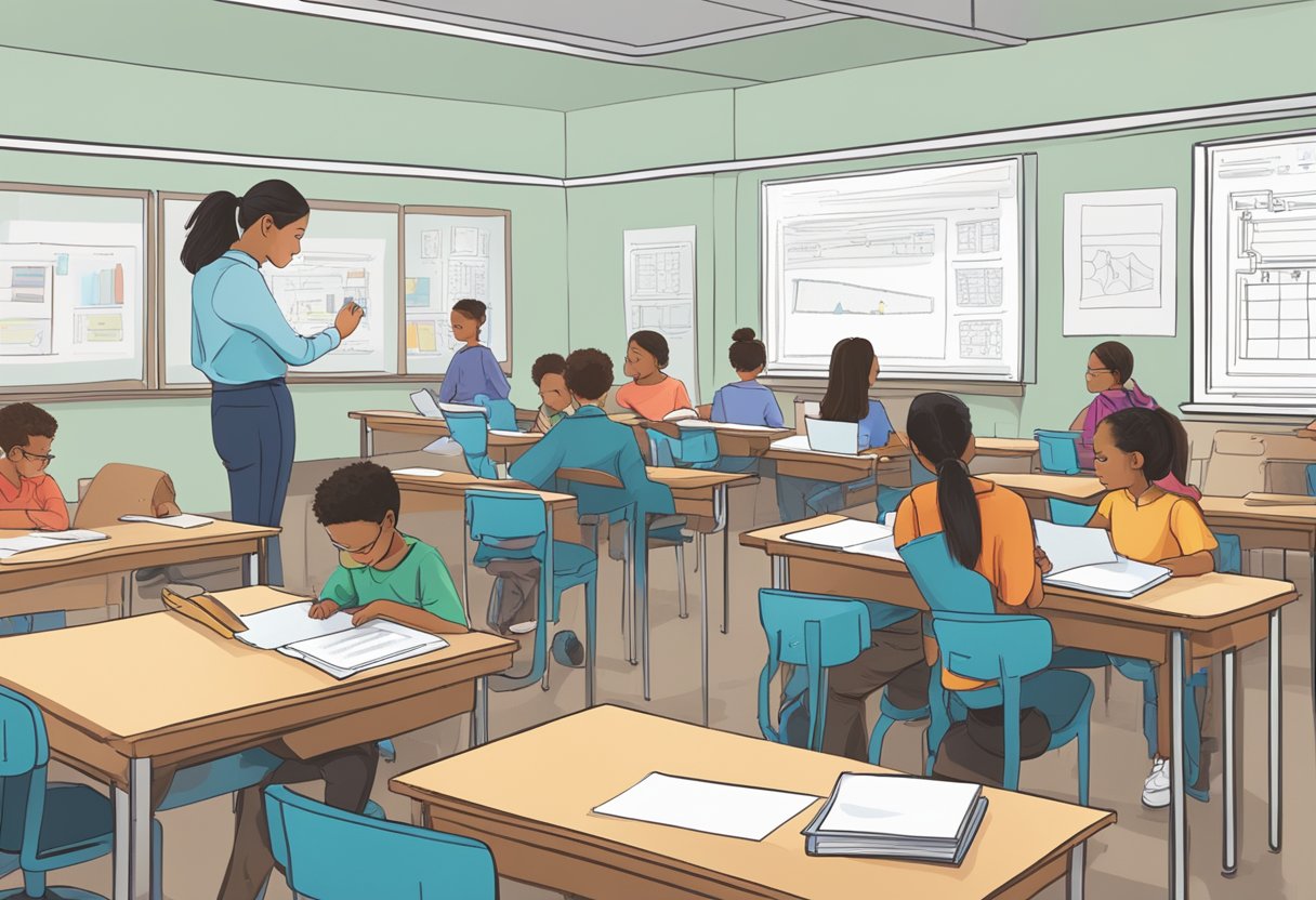 Educational Assessment: A traditional classroom setting with students taking paper-based assessments, while in another room, AI algorithms analyze data and generate personalized educational assessments
