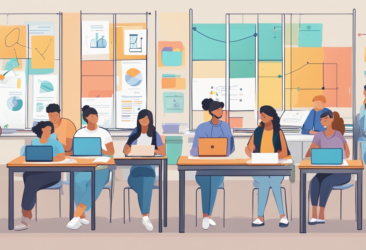 Educational Assessment: A classroom setting with traditional assessment tools on one side and AI-powered educational assessment tools on the other, with students engaged in various learning activities