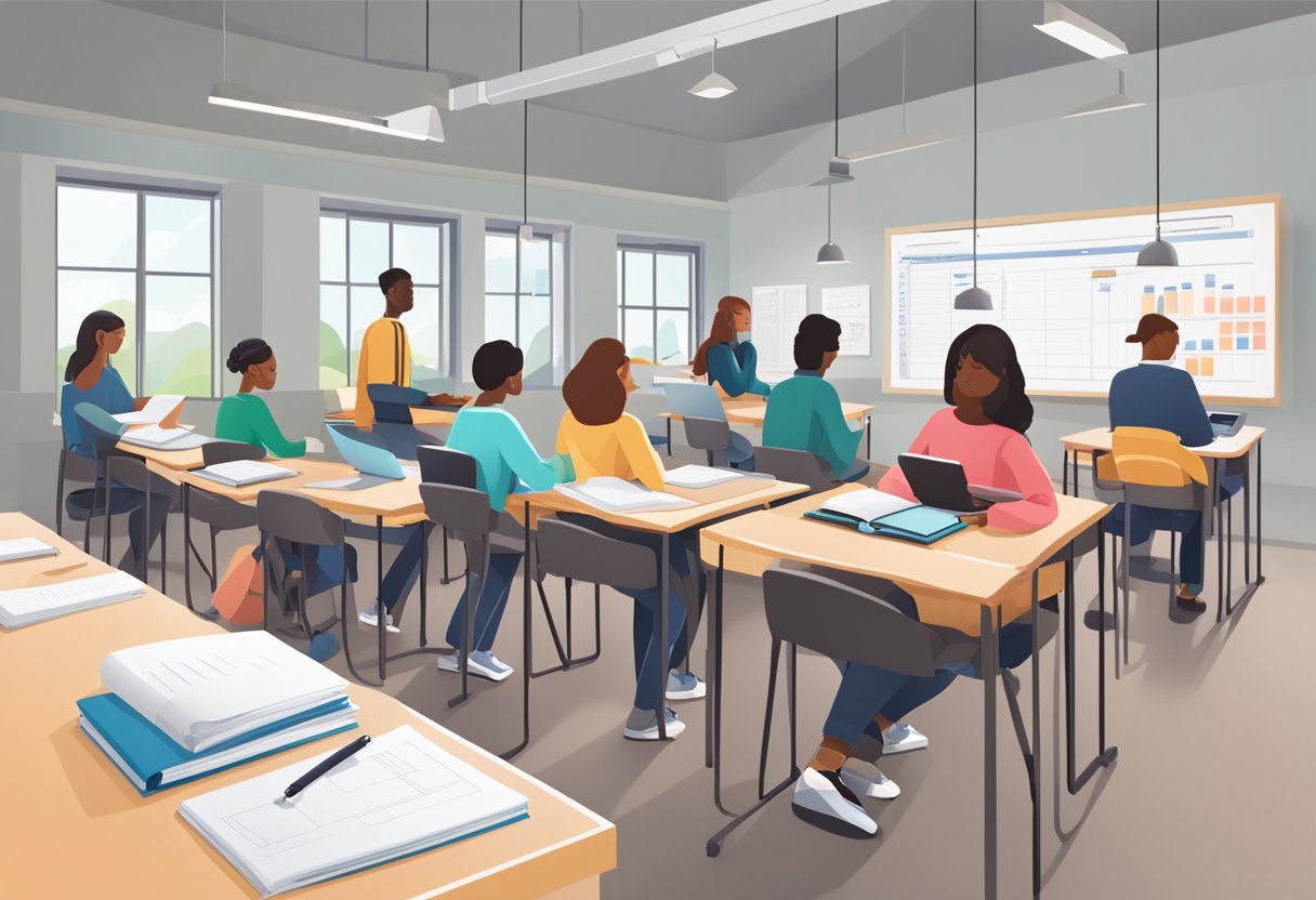 Educational Assessment: A traditional classroom with students taking paper exams vs. a modern AI-driven virtual classroom with students completing digital assessments