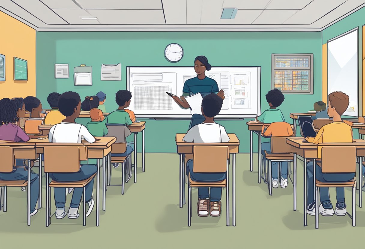 Educational Assessment: A traditional classroom setting with students taking paper-based tests while a robotic AI system administers digital assessments in a modern, tech-savvy classroom