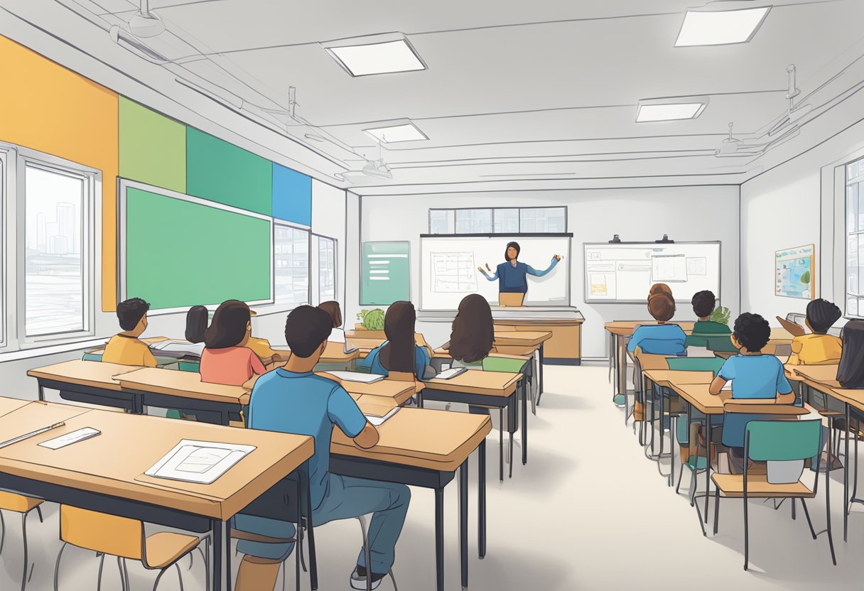 Educational Assessment: A classroom with traditional assessment tools on one side and AI-driven assessment tools on the other, with students actively engaging with both