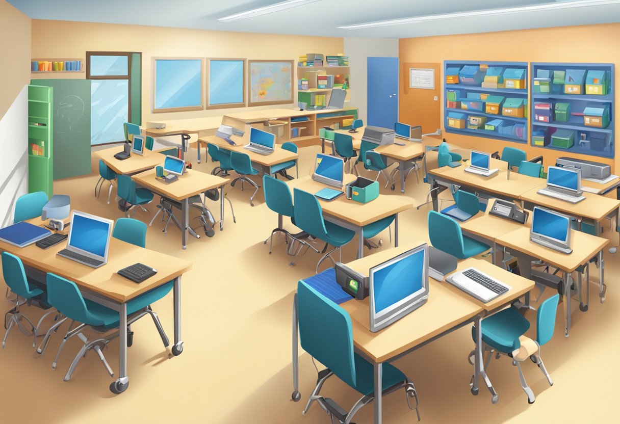 AI technologies: A classroom filled with diverse assistive technology devices and tools for students with special needs