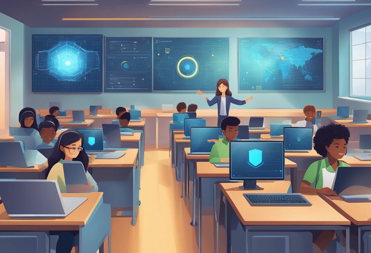 student Privacy: A futuristic AI system monitors a classroom, while a privacy shield protects student data