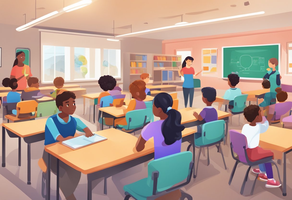 AI technologies: A classroom setting with diverse students engaged in interactive AI technology for special education