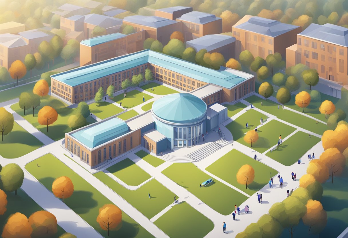 student Privacy: A university campus with AI technology integrated into classrooms, while students' personal data is protected by privacy measures