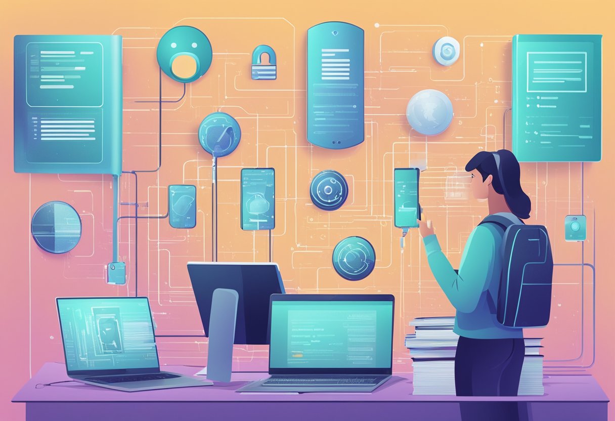 student Privacy: A futuristic AI system surrounded by data protection regulations, with a student's privacy being safeguarded