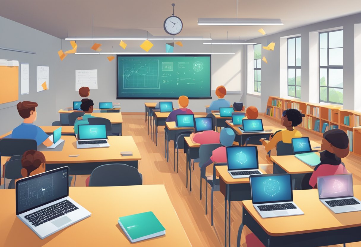 AI technologies: A classroom setting with AI devices assisting students in math learning