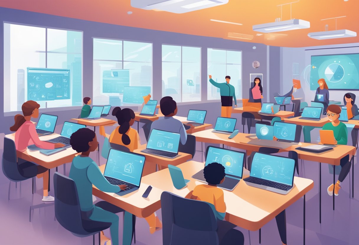 student Privacy: A classroom setting with students using laptops and tablets while a futuristic AI system monitors and manages their online activities, emphasizing the importance of student privacy