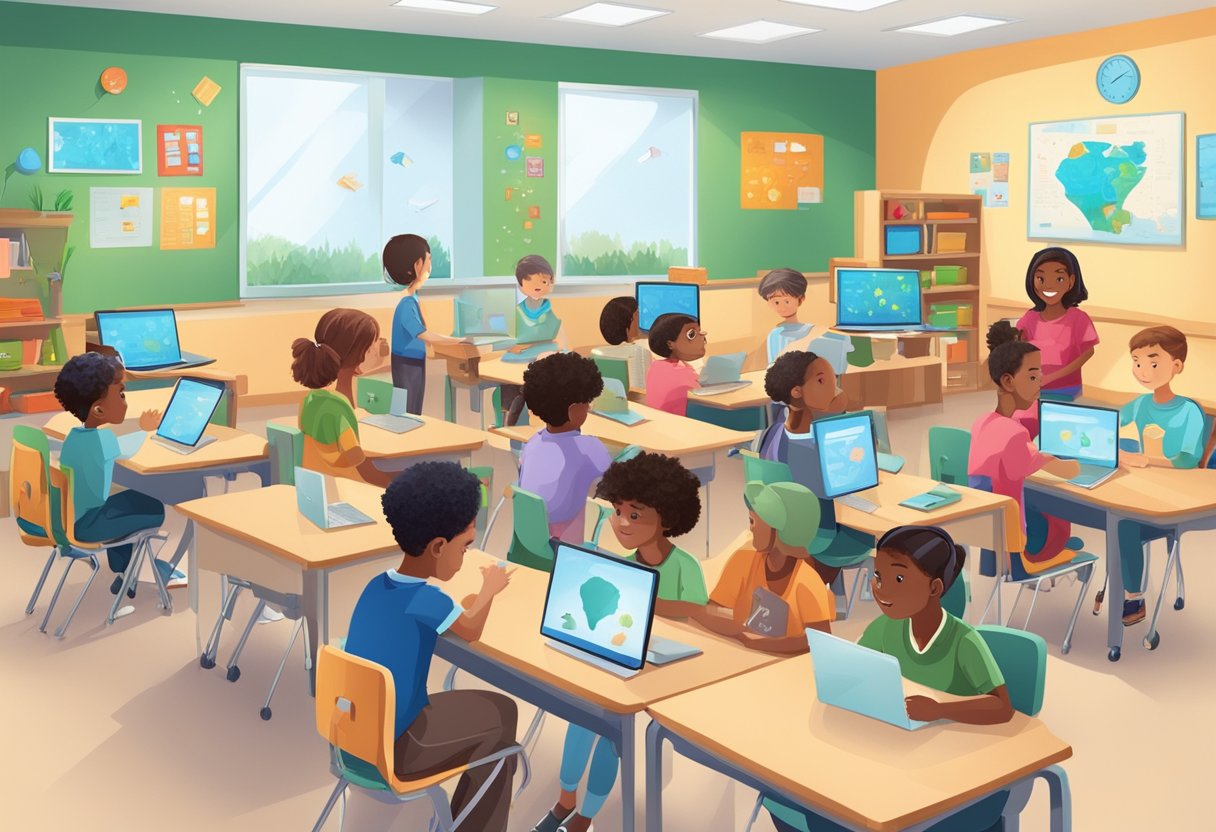 AI technologies: A diverse group of children with various abilities engage with AI technology in a classroom setting, demonstrating social integration in special education