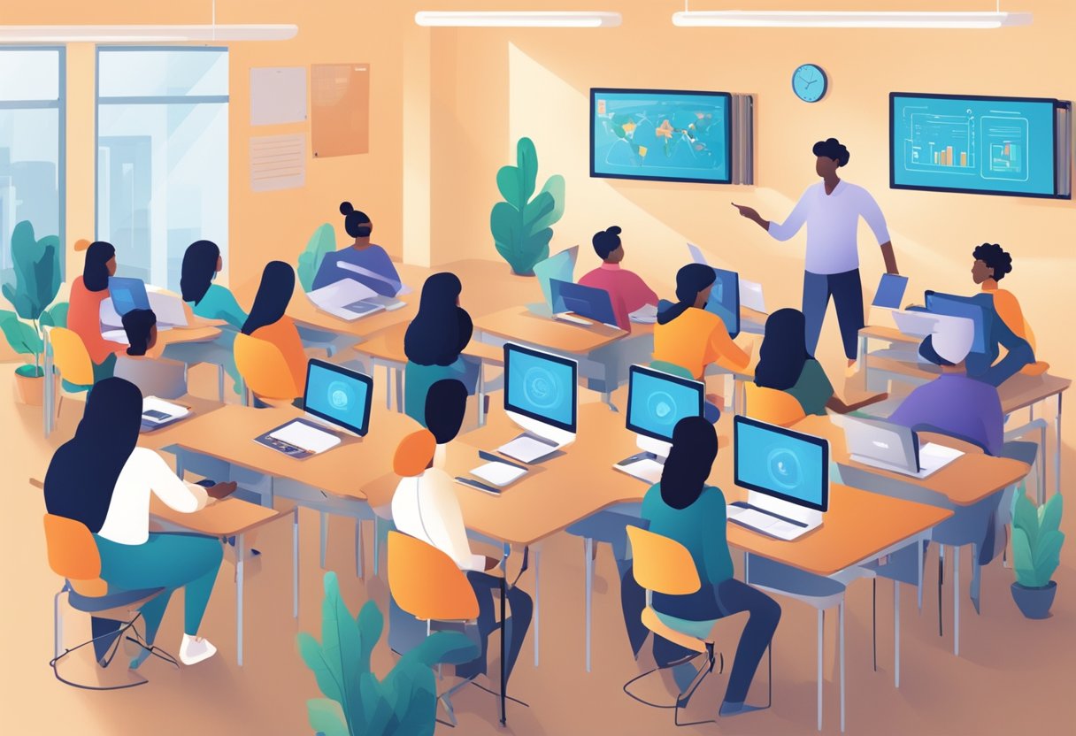 student Privacy: A university classroom with students and a teacher interacting with AI technology, while privacy concerns are addressed
