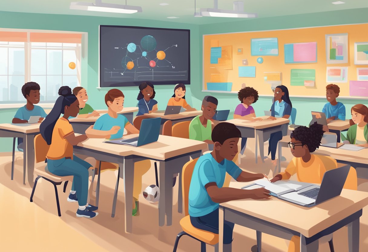 AI technologies: A classroom setting with diverse students engaging with AI technology, such as smart devices and interactive learning tools, to support their special education needs