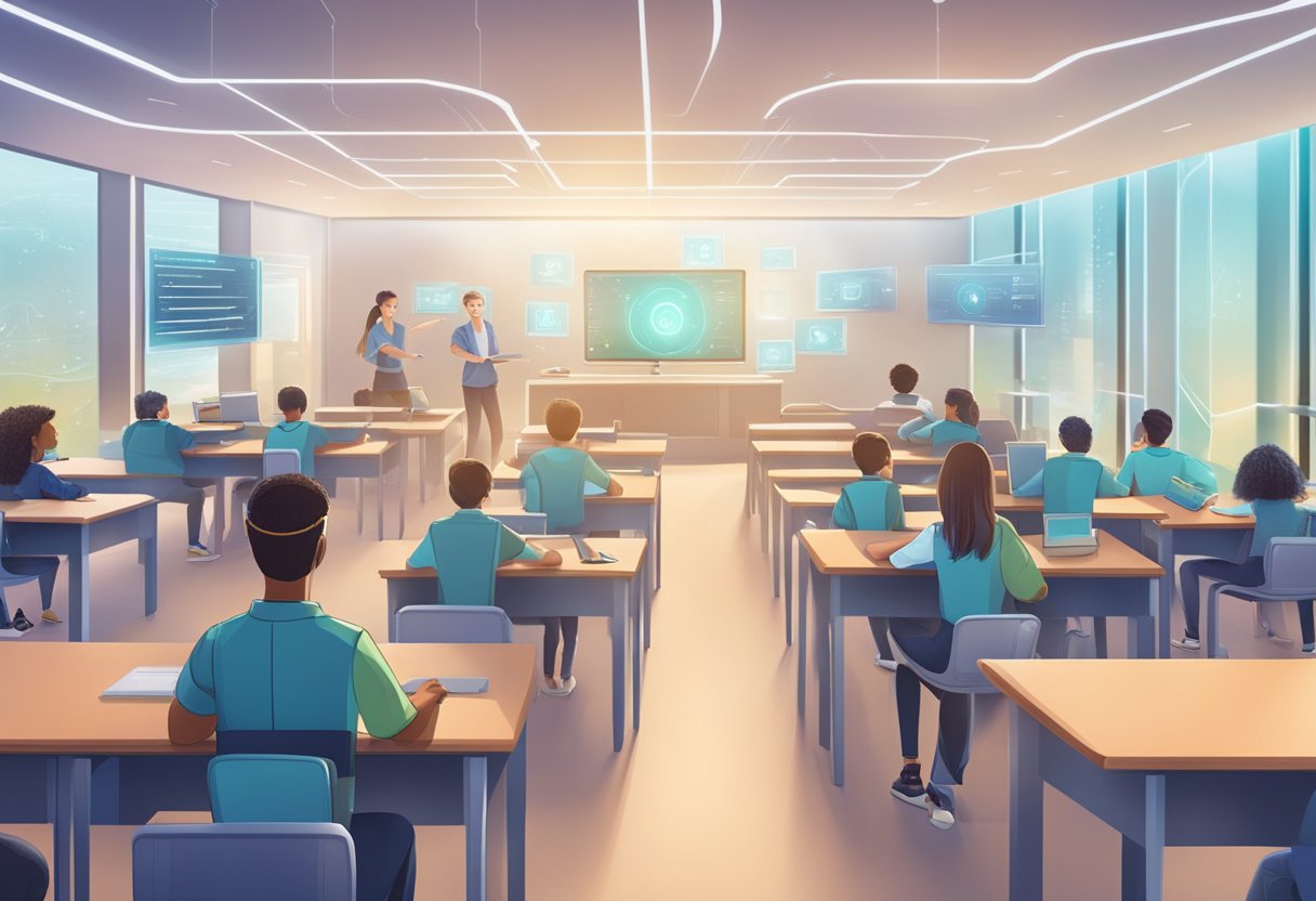 student Privacy: A futuristic classroom with AI technology integrated into the learning environment, while a privacy shield protects student data