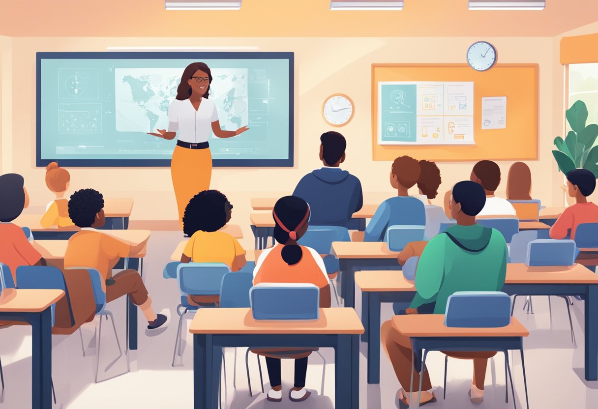 AI technologies: A classroom setting with diverse students and a teacher discussing emerging AI technologies in special education