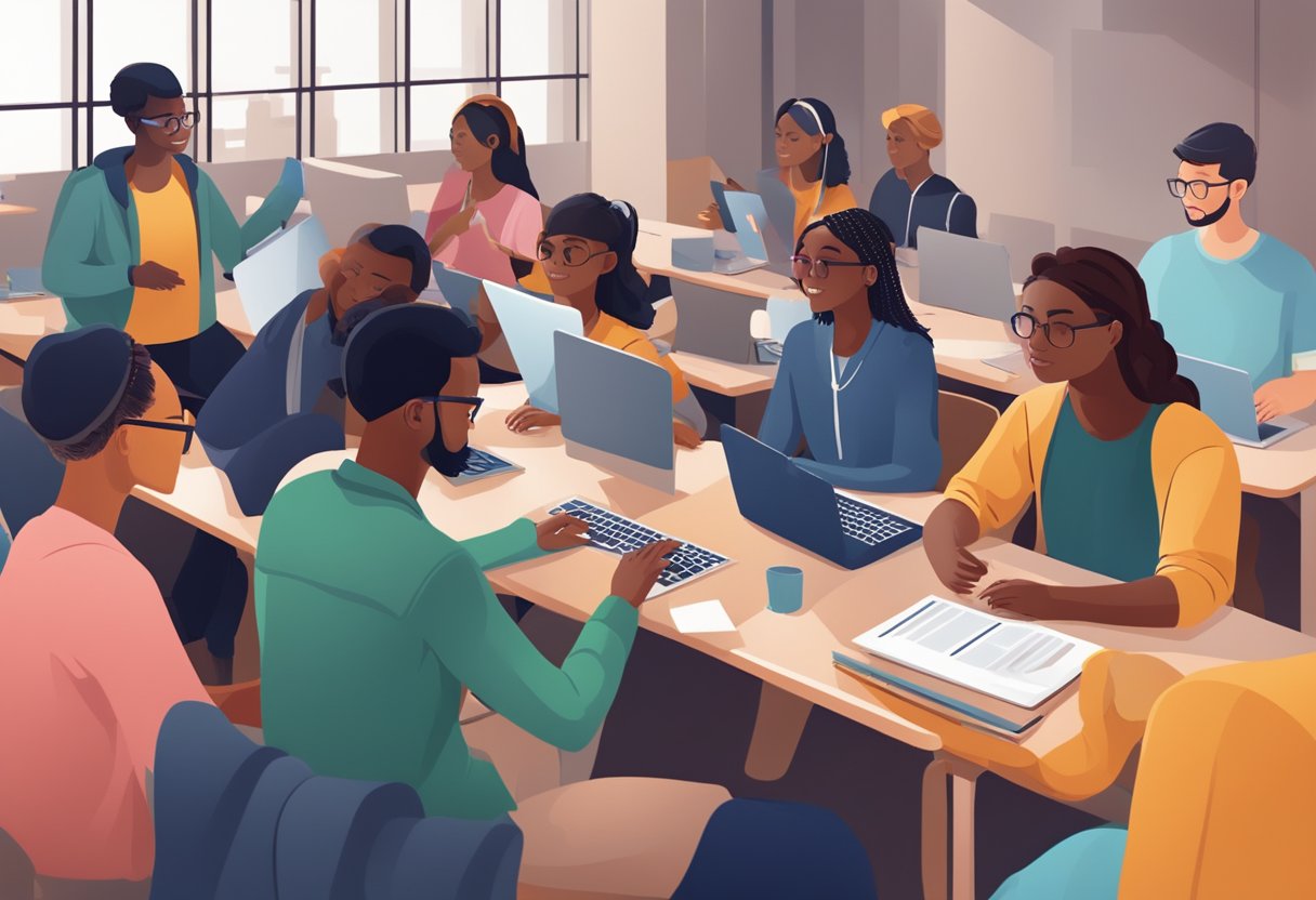 AI in Education: A diverse group of students from around the world engage in virtual learning, using advanced AI technology to bridge knowledge gaps
