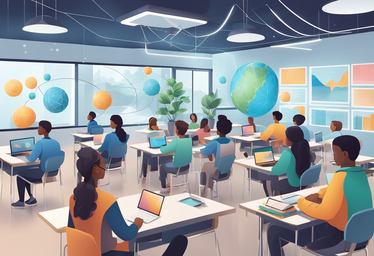 AI in Education: A futuristic classroom with AI tools aiding students from diverse backgrounds, connecting them to a global network of knowledge