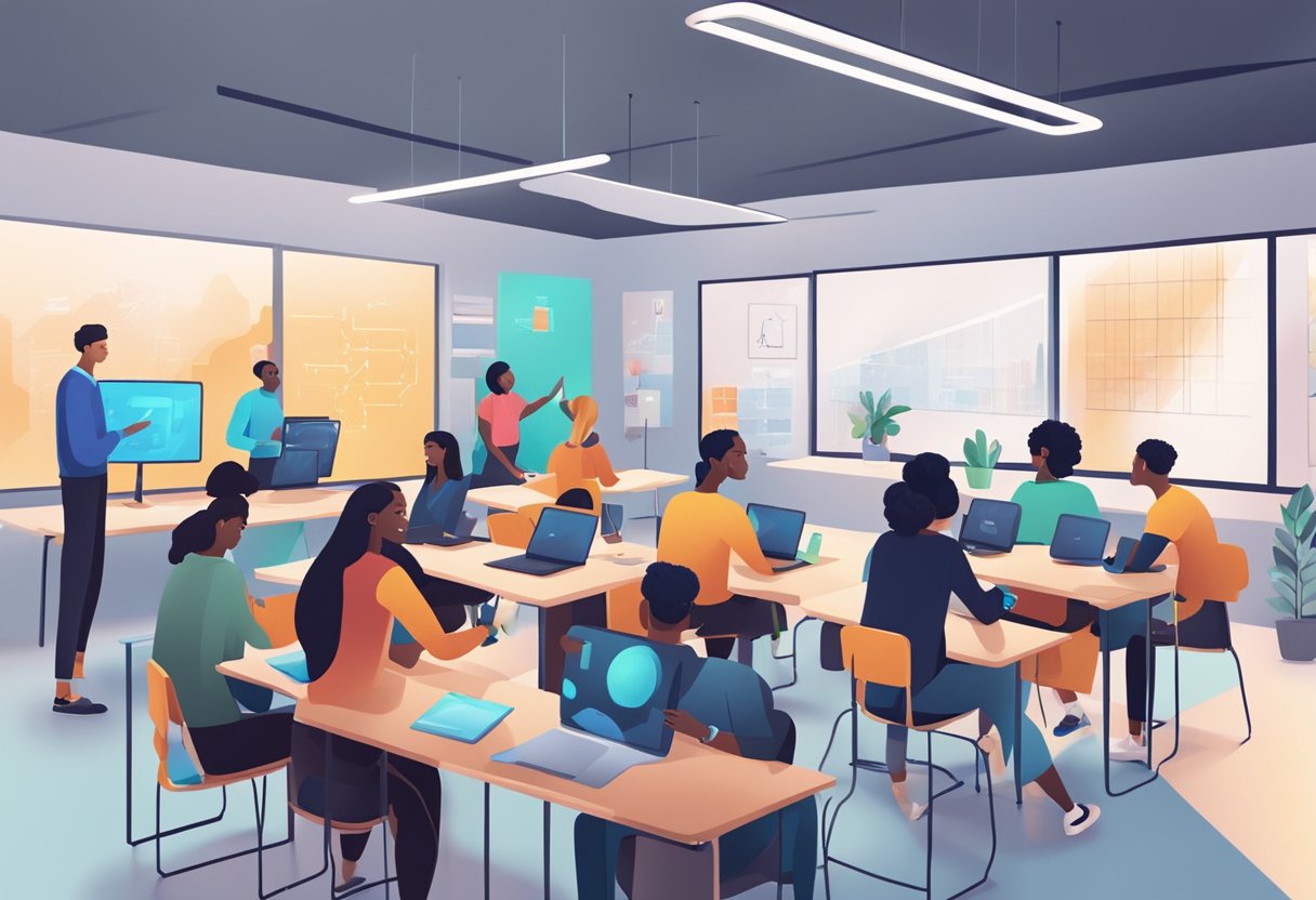 AI in Education: A classroom setting with diverse students interacting with AI technology, exchanging ideas and collaborating on creative projects