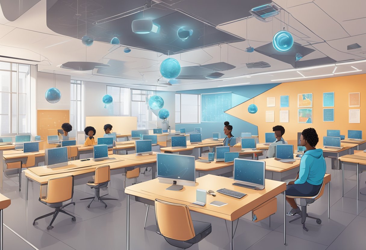 AI in Education: A futuristic classroom with AI-driven learning systems adapting to diverse global knowledge needs