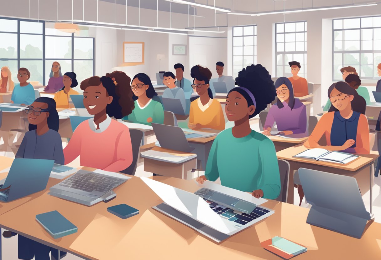 AI in education: A classroom setting with diverse students using AI-powered collaboration tools to bridge global knowledge gaps