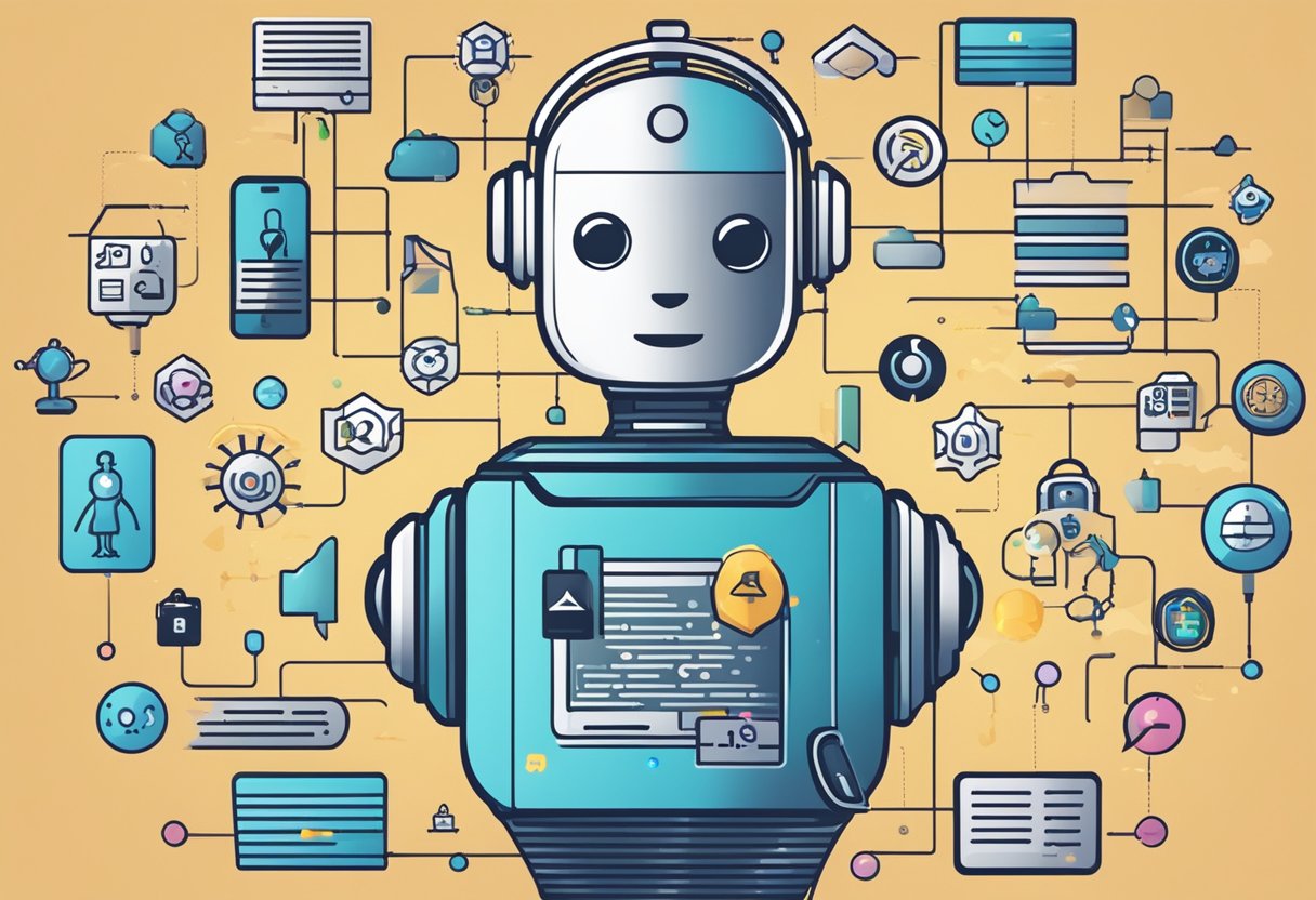 The Rise of AI-Powered Educational Chatbots: An AI chatbot surrounded by digital security icons and educational symbols