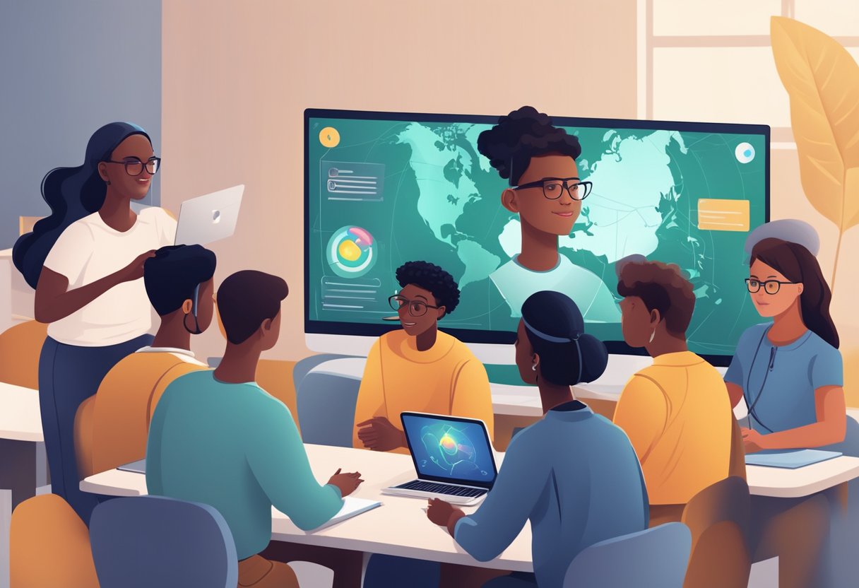 A diverse group of students from around the world engage in virtual learning, while AI technology aids in answering their educational questions