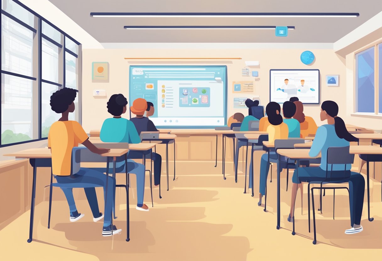 The Rise of AI-Powered Educational Chatbots: A modern classroom with AI-powered chatbots assisting students of various ages and backgrounds. The chatbots are seamlessly integrated into the learning environment, providing personalized support and feedback