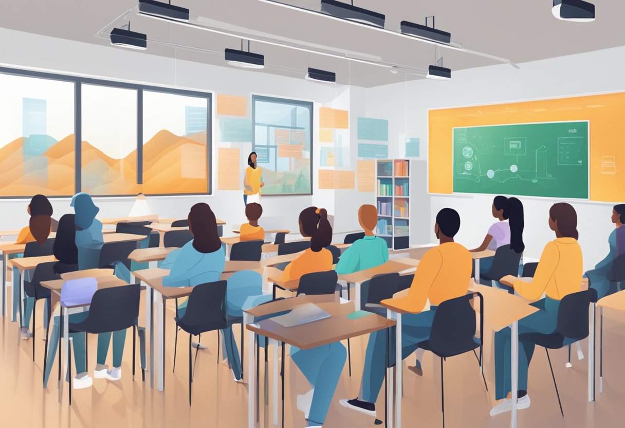 A classroom setting with AI technology analyzing student data and providing support to identified at-risk students