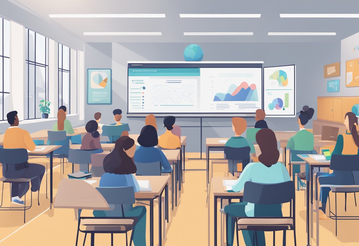 A classroom setting with AI technology analyzing student data to identify at-risk students, while providing support and interventions