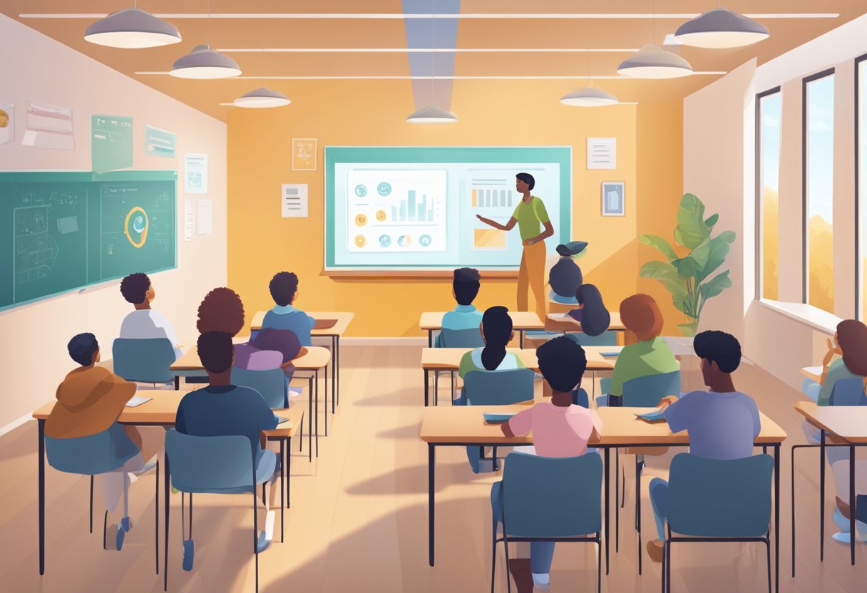 at-risk student: A classroom setting with AI technology analyzing student behavior and providing support