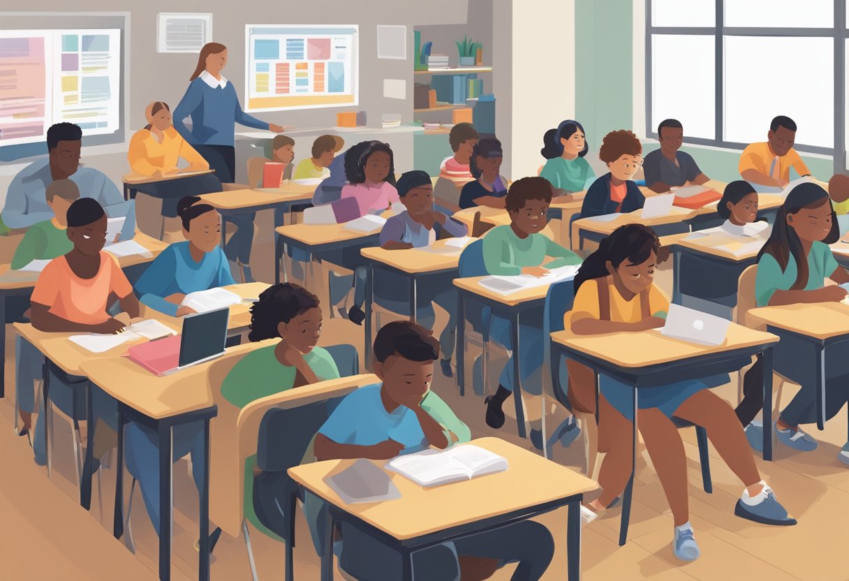 at-risk student: A classroom filled with diverse students, while a computer program analyzes data to identify and support at-risk students