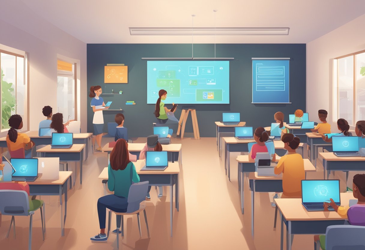 AI in STEM Education: Opportunities and Challenges - Shaping the Future of Learning in UK Schools stem education,AI tool LearningMole stem education: A classroom setting with students using AI technology to learn STEM subjects, with interactive screens and devices