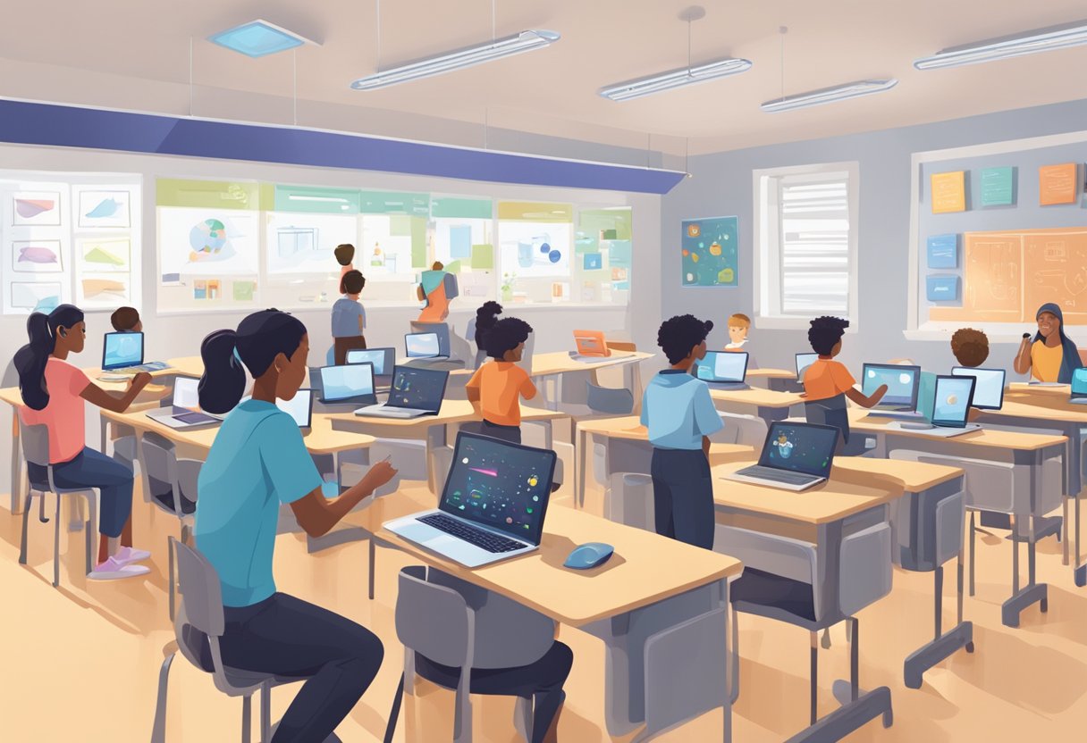 AI in STEM Education: Opportunities and Challenges - Shaping the Future of Learning in UK Schools stem education,AI tool LearningMole A classroom setting with AI technology integrated into STEM education, showing students engaged in hands-on learning activities