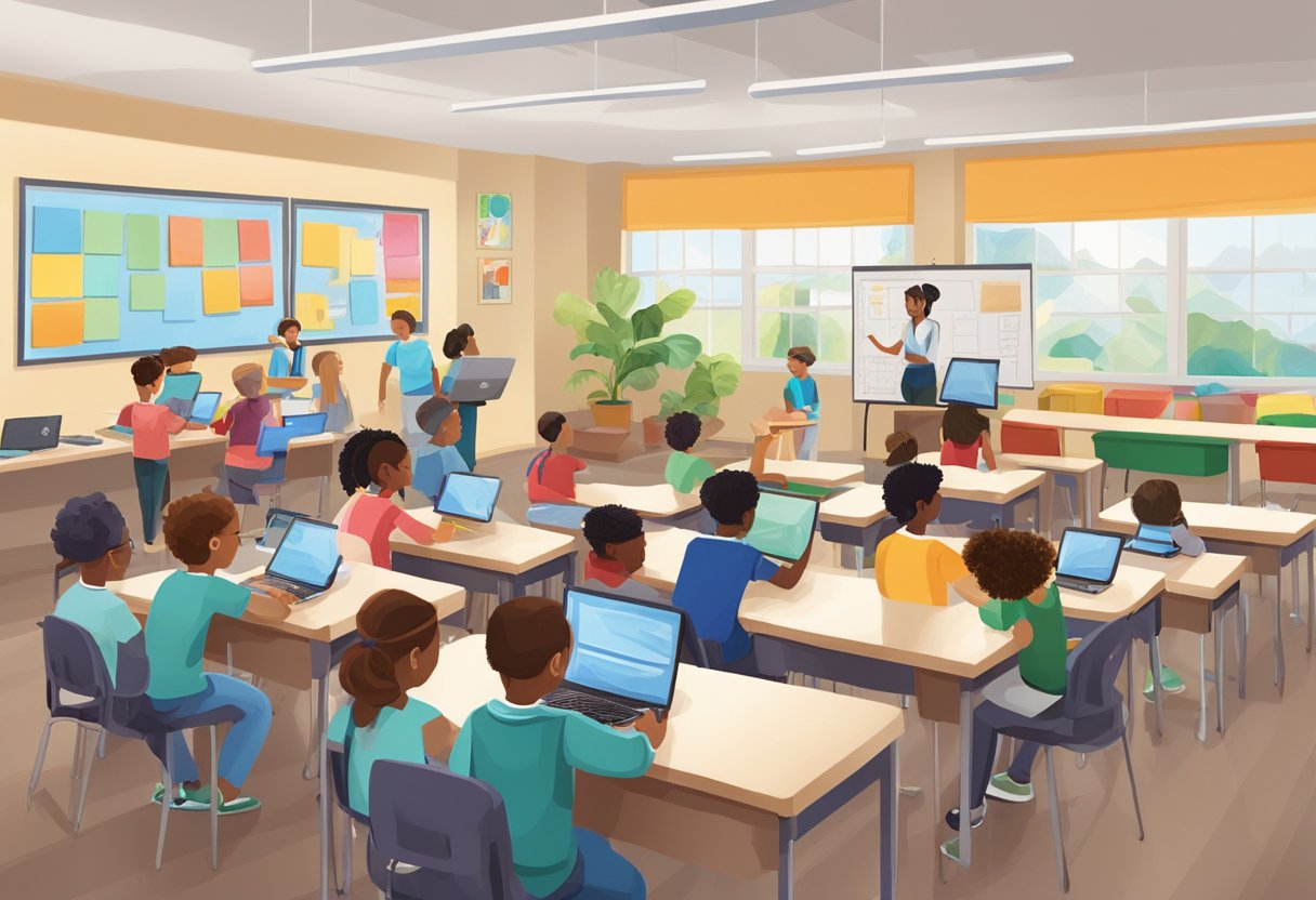 AI in STEM Education: Opportunities and Challenges - Shaping the Future of Learning in UK Schools stem education,AI tool LearningMole stem education: A classroom with diverse STEM tools and technology, surrounded by students collaborating and engaging in hands-on learning activities
