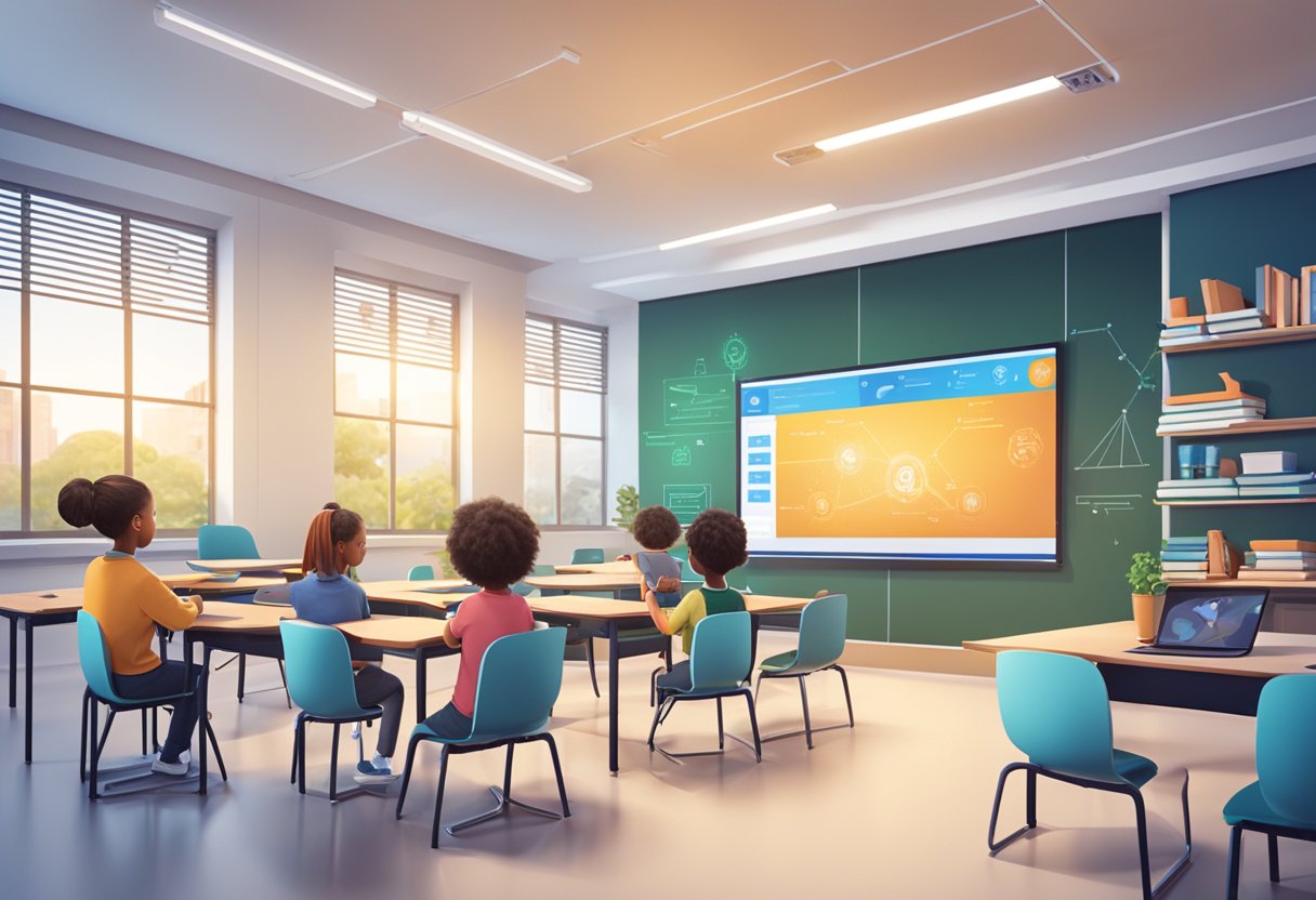 AI in STEM Education: Opportunities and Challenges - Shaping the Future of Learning in UK Schools stem education,AI tool LearningMole stem education: A modern classroom setting with AI technology integrated into STEM education, including interactive displays and virtual learning tools