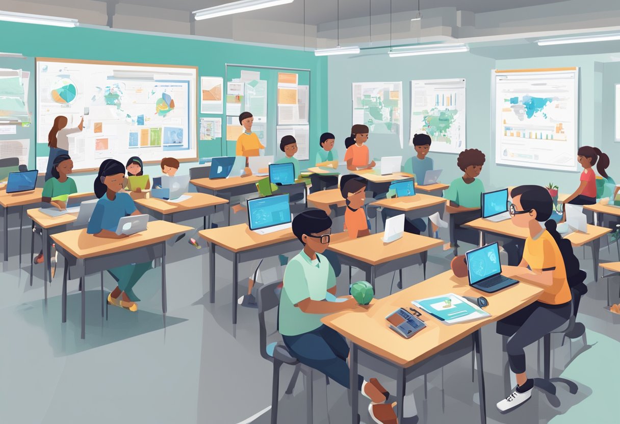 AI in STEM Education: Opportunities and Challenges - Shaping the Future of Learning in UK Schools stem education,AI tool LearningMole stem education: A classroom filled with students engaged in hands-on AI projects, surrounded by STEM-related posters and technology tools