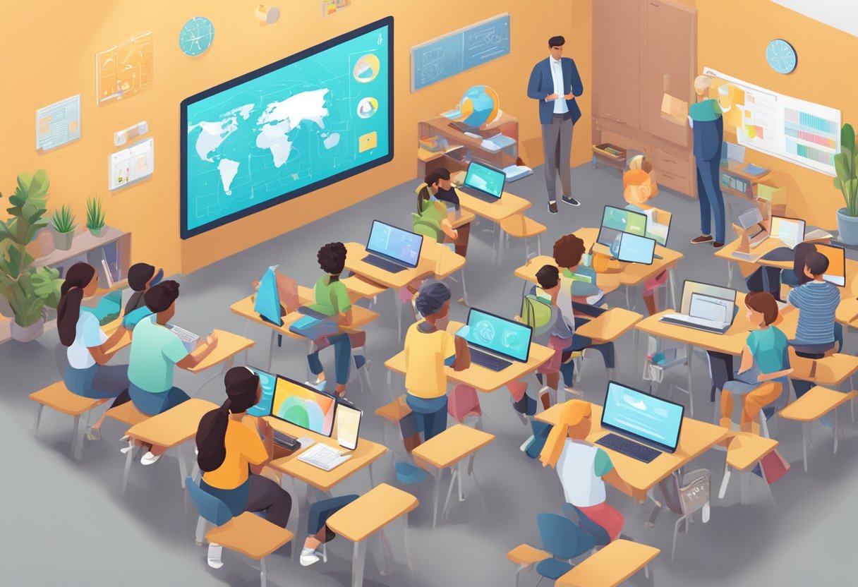 AI in STEM Education: Opportunities and Challenges - Shaping the Future of Learning in UK Schools stem education,AI tool LearningMole stem education: A classroom setting with students and teachers interacting with AI technology and STEM education materials