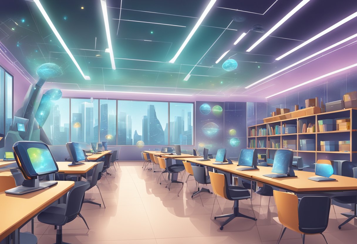 AI in STEM Education: Opportunities and Challenges - Shaping the Future of Learning in UK Schools stem education,AI tool LearningMole stem education: A futuristic classroom setting with AI technology integrated into STEM education