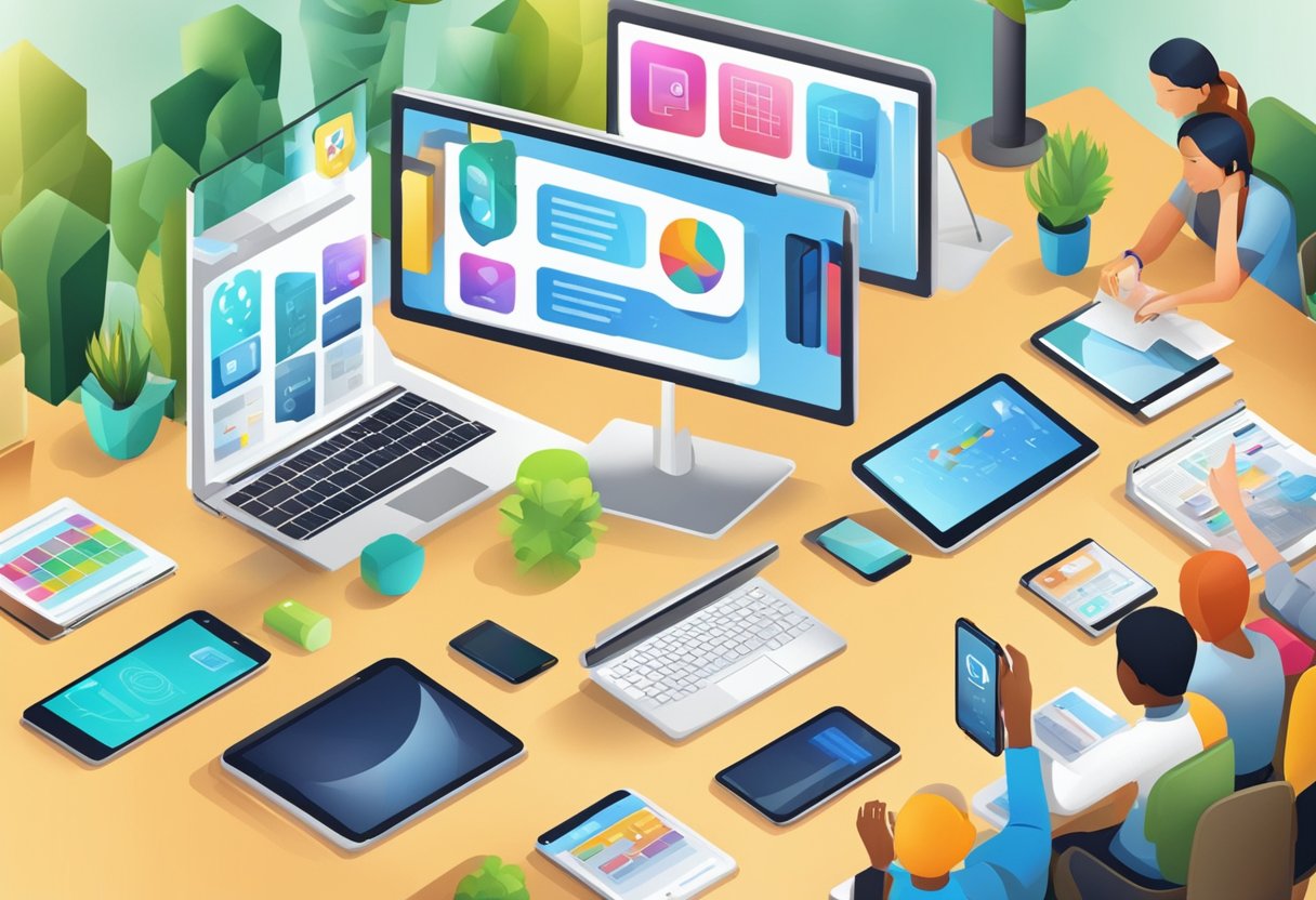 Current Examples of AI-Enhanced Educational Apps: Transforming Learning AI-enhanced educational apps,education LearningMole AI-enhanced educational apps: A group of diverse educational apps displayed on digital devices, with AI technology visibly enhancing the learning experience