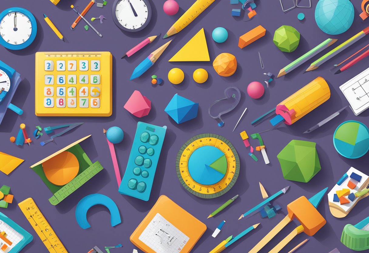 Interactive Maths Calculations Resources: Engaging Young Learners with Fun Digital Tools for Primary School Success Maths,Maths Calculations LearningMole Maths: A colorful array of interactive math tools and resources spread out on a table, including geometric shapes, number lines, and measurement tools