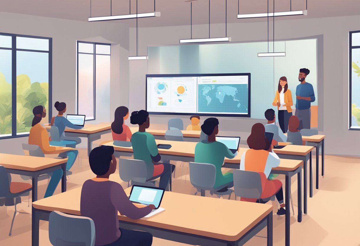 Technological Barriers: A classroom setting with a teacher and students interacting with advanced AI technology, such as virtual assistants or interactive learning platforms