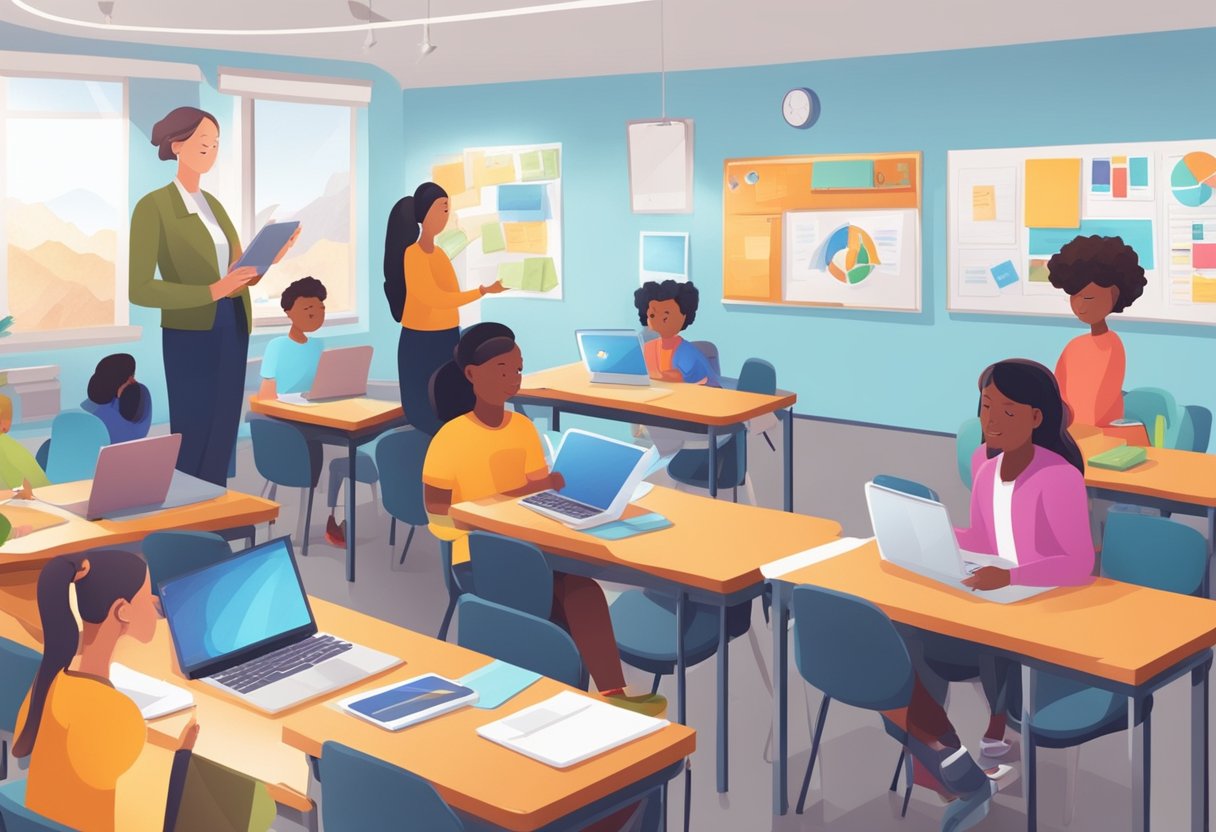 I-Powered Collaboration Tool: A classroom setting with students and a teacher using digital devices to collaborate on educational projects