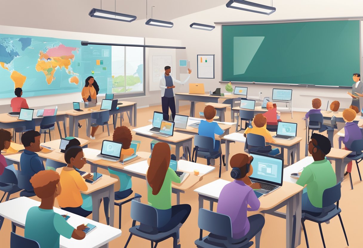 I-Powered Collaboration Tool: A classroom setting with AI-powered collaboration tools such as smart boards, tablets, and virtual reality headsets being used by students and teachers