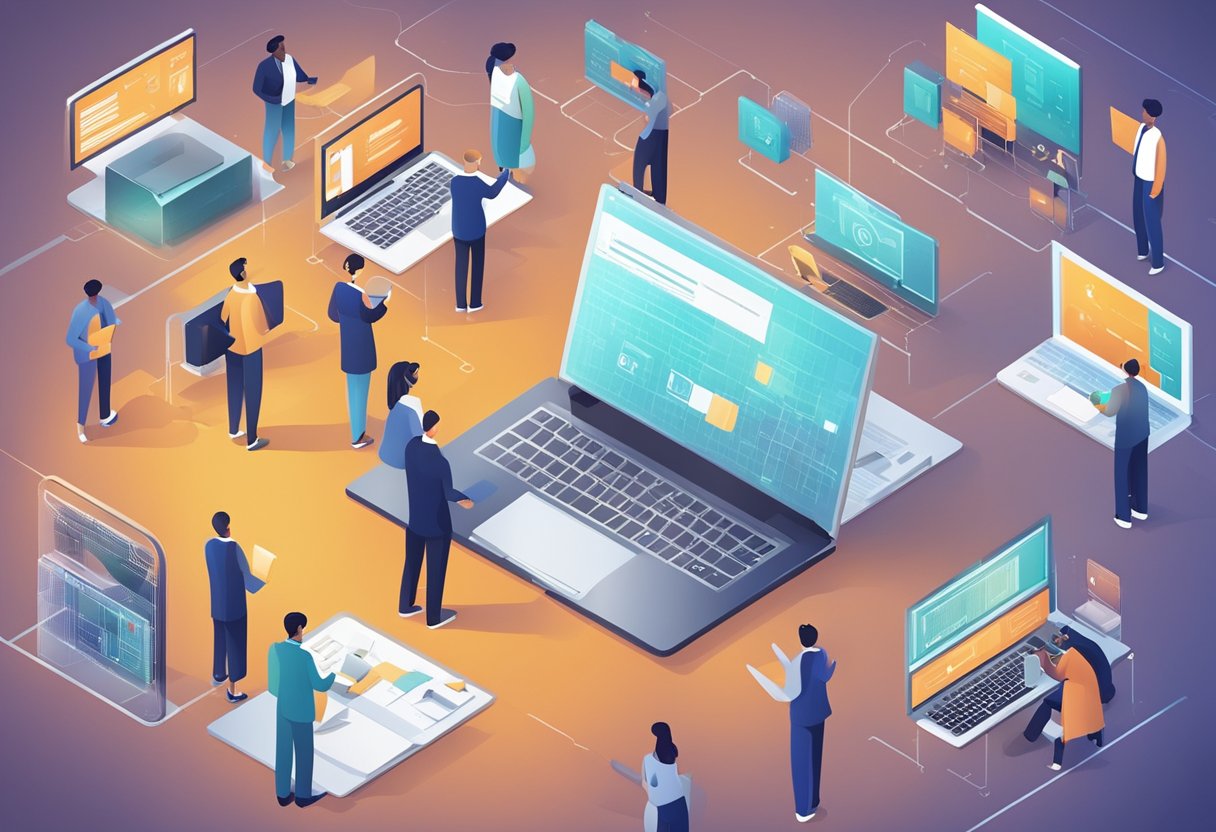 Technological Barriers: A diverse group of educational institutions working together to break through technological barriers, with AI tools and resources surrounding them