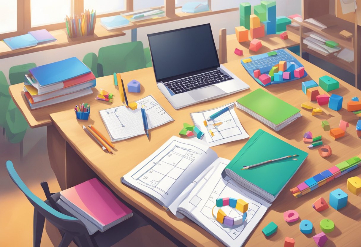 Maths calculations: A teacher's desk with various math manipulatives and worksheets, surrounded by eager students ready to learn